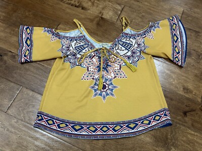 Flying Tomato Kimono Tunic Top Cold Shoulder v neck Shirt Large  Marigold Floral