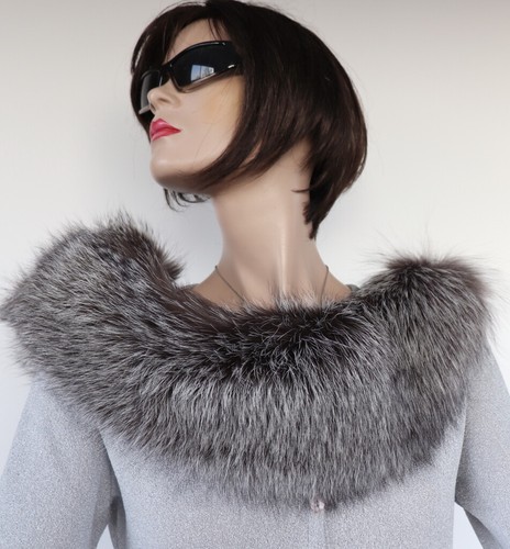 Pelz Schal Silberfuchs Kragen Fell Stola Mantel Jacke Besatz Mode Dark Natur - Picture 3 of 6
