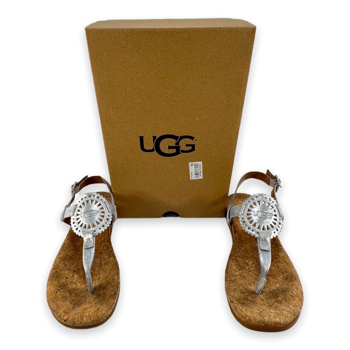 UGG Women s Ayden II Leather T Strap Silver Metallic Silver Flat Sandals w Box