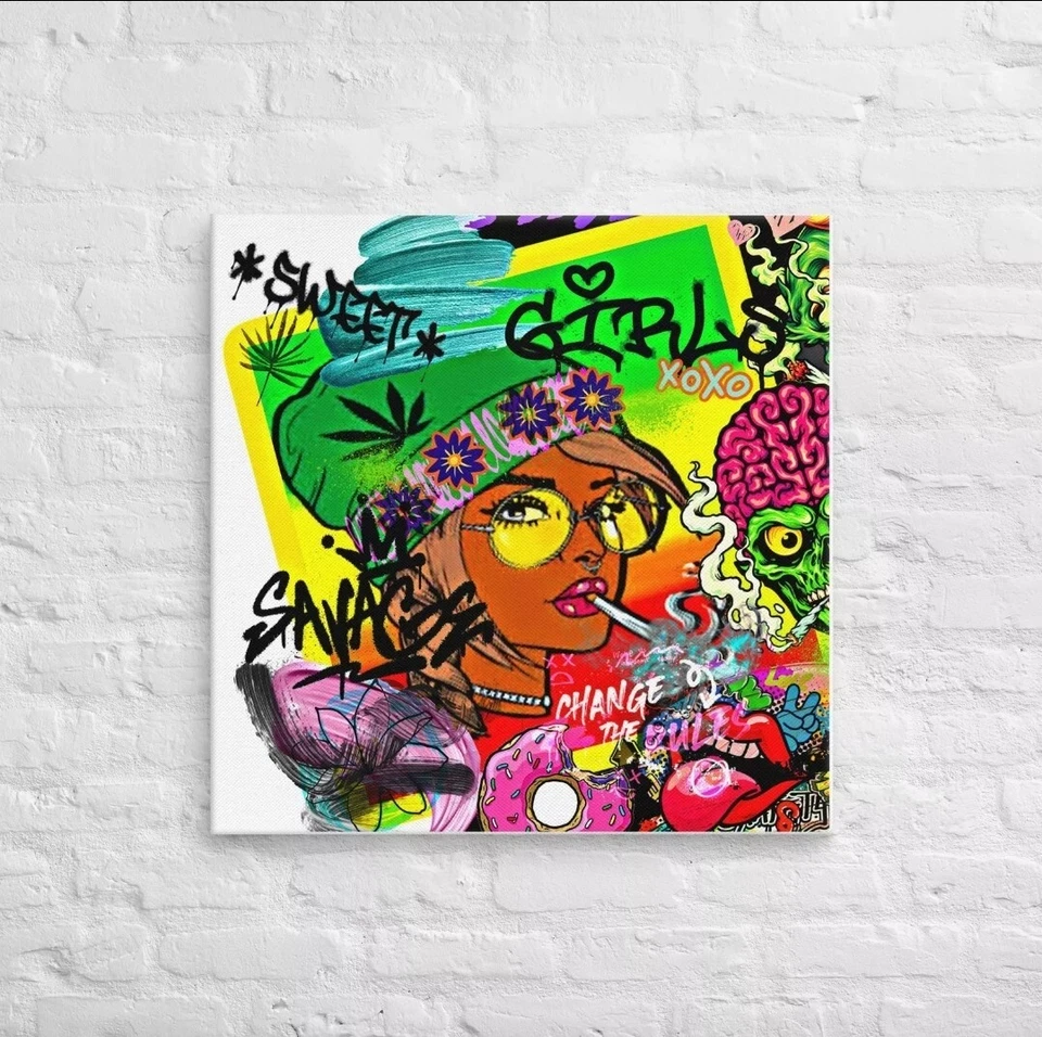 Lienzo estirado obra de arte graffiti audaz callejera urbana princesa hippie - arte femenino Foto 3 de 4