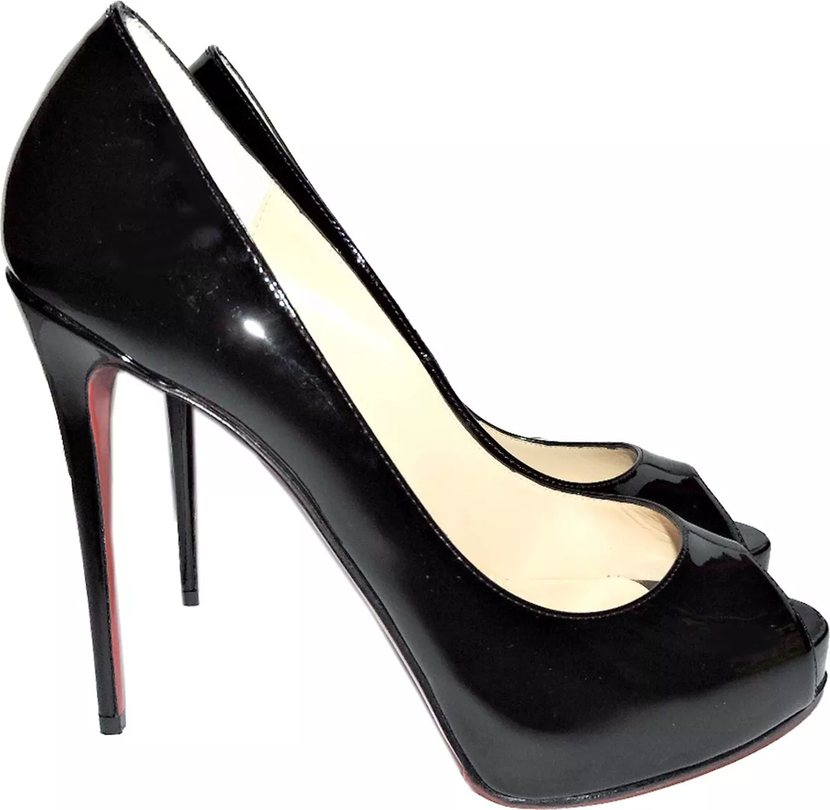 Christian Louboutin Pumps Prive Black Peep Toe Patent Leather Shoes 38.5  Heels