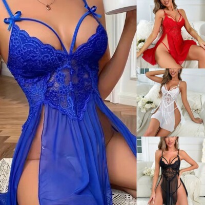 Nachthemd Tanga Set sexy Dessous Damen Spitze schrittlos hohl königsblau