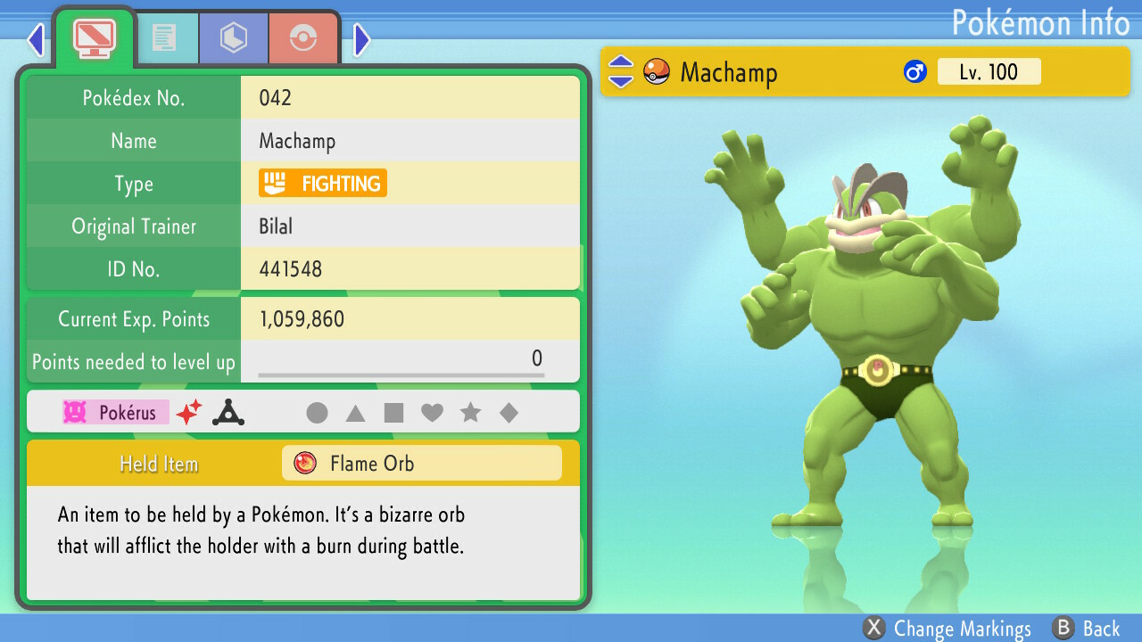 Ultra Brillante 6IV Machamp Guts Flame Orb Pokemon Diamante Brillante Perla Brillante