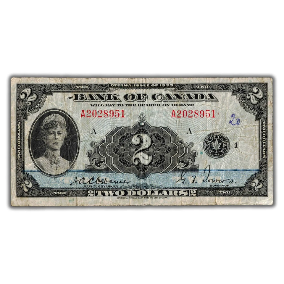 $2 1935 Bank of Canada Note English Text BC-3 - Writing/Faded Stamp on Back - Imagem 2 de 3
