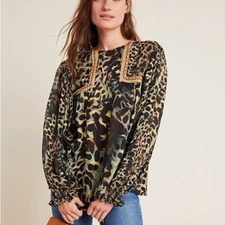 Anthropologie Blank London Miranda Peasant Blouse Size XS Balloon Sleeve Safari