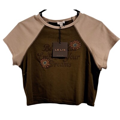 NEW Le Lis BUCKLE Cropped Retro Baby Tee Large Graphic 
