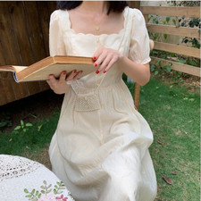 Women Tea Dress Midi Short Puff Sleeve Embroidery Square Neck Summer Retro