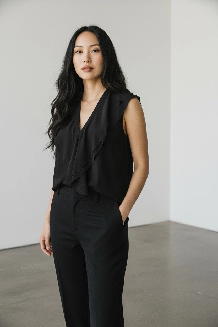 Brunello Cucinelli — Brunello Cucinelli V-neck Sleeveless Ruffled Silk Blouse-Retails New For $1325