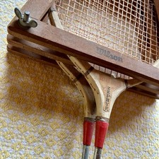 Badminton Racket Pair Wilson Zephyr w/Double Wood Press Storage Frame Vtg Wooden