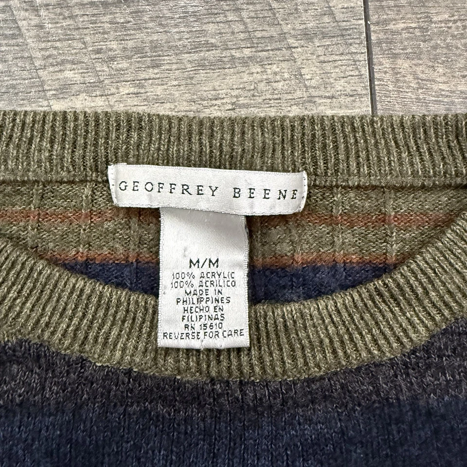 VTG Geoffrey Beene Sweater Striped Geometric Pattern Knit Acrylic Olive Mens M - Image 3 of 4