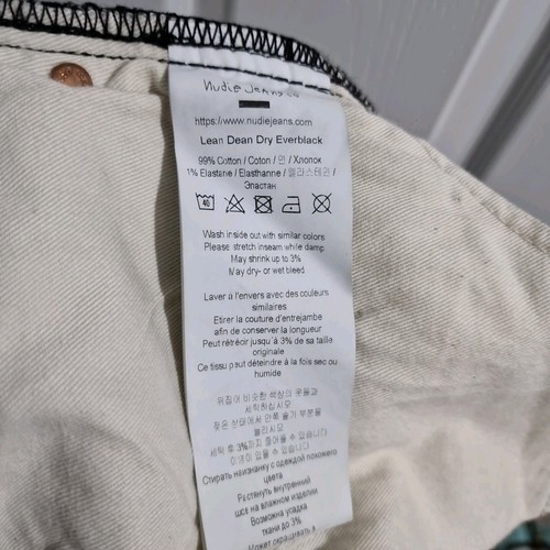 Pantalones de mezclilla Nudie Lean Dean W32 L30 negros ajustados elásticos con cremallera seca Everblack - Imagen 12 de 13