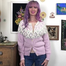 Vintage Pastel Pink Fair Isle Cardigan, 1980s Button Front Deadstock Sweater S