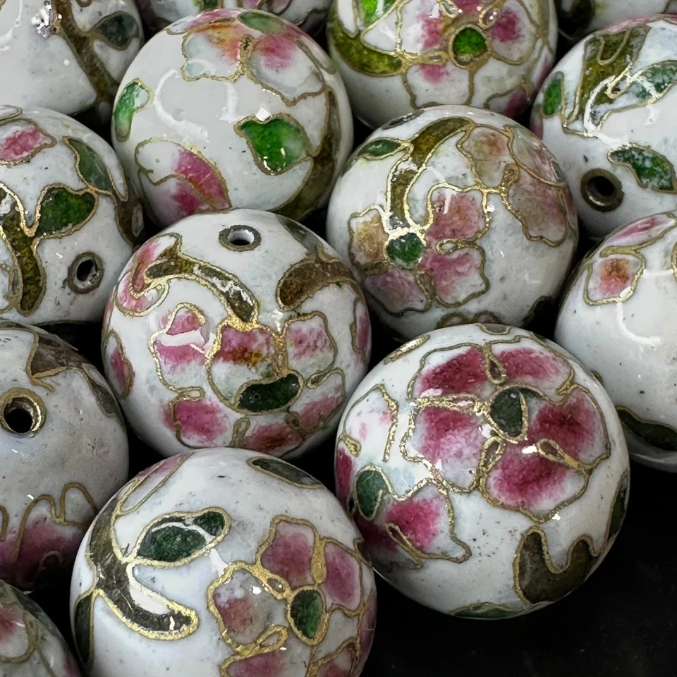Vintage Chinese Cloisonne Pink & Green Floral Bead 18mm Glass Enamel Jewelry - Image 2 of 4