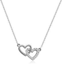 Tiny Double Heart Necklace Small Sterling Silver Cubic Zirconia Cute Dainty Love