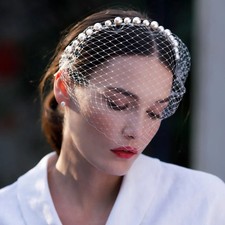 Elegant Black Headband Veil for Bridal Full Pearls Charming Birdcage Veil White