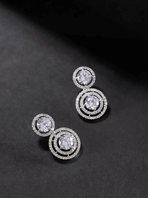 Halo-Circular 14K White Gold Over Diamond Drop Earrings For Women Party Festive