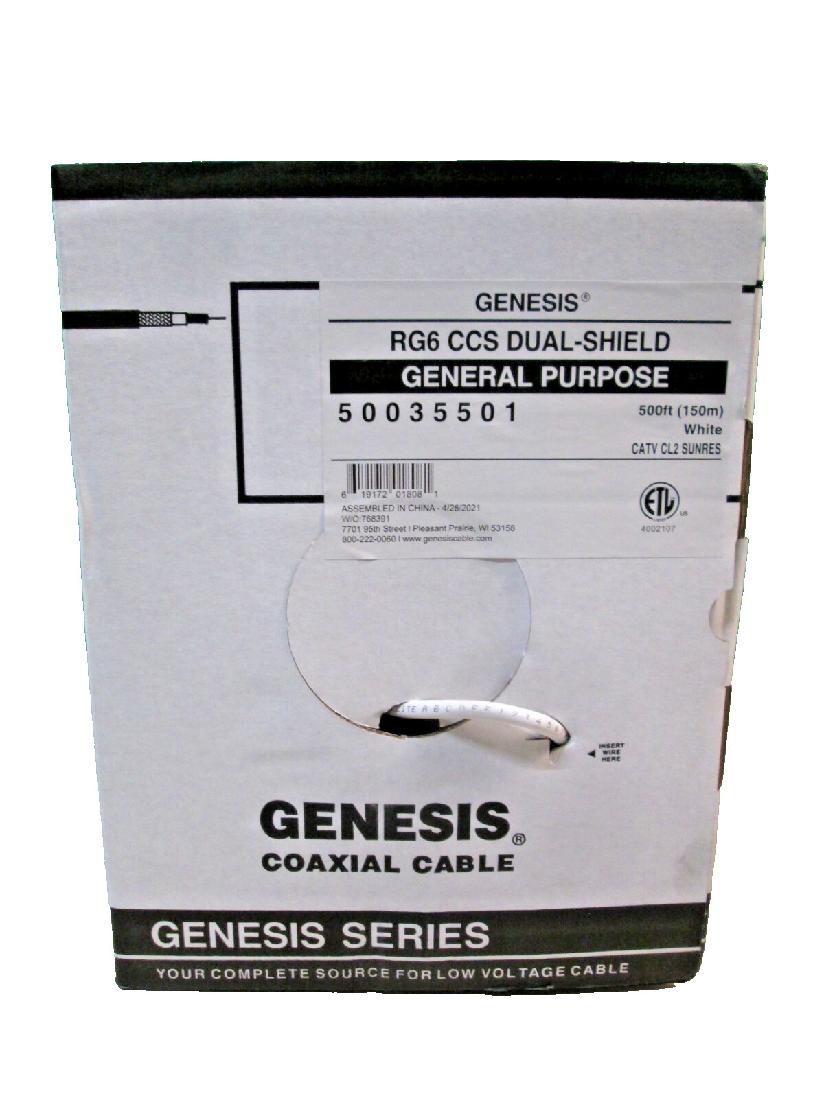 500FT Honeywell Genesis 18 AWG RG6/U DUAL-Shielded Broadband Coaxial Cable White