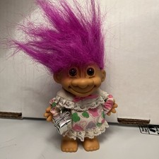 Vintage RUSS Happy Birthday Troll Doll Pink Hair Brown Eyes With Present