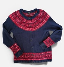 Talbots Fair Isle Lambswool Button Front Cardigan Women  s MED Navy Red Sweater