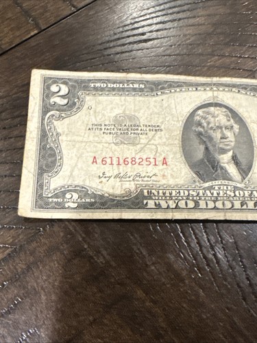 1953 A Circulated Two Dollar Bill $2 Note Red Seal Old Paper Fancy A61168251A - Picture 2 of 7