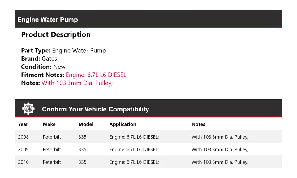 Puertas de bomba de agua para motor diésel Peterbilt 335 2008-2010 6,7 L L6 2009 Foto 2 de 4