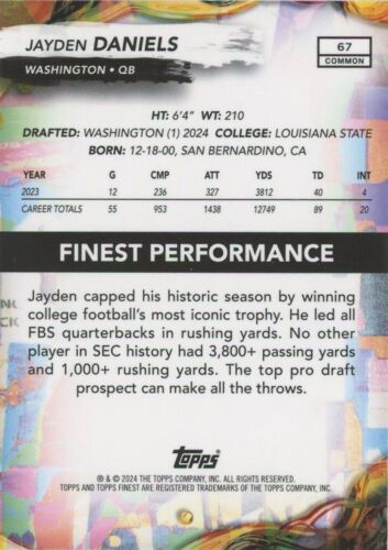 Jayden Daniels 2024 Topps Finest Football Checkerboard Refractor #67 Commanders - Picture 2 of 2