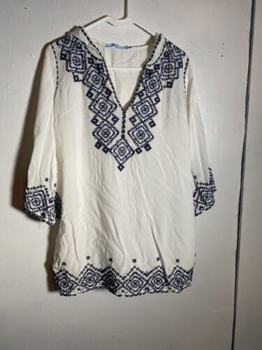 Solitaire Swim Large Cover Up tunic White Blue Embroidered  3/4 Sleeve Hood - Imagen 1 de 17