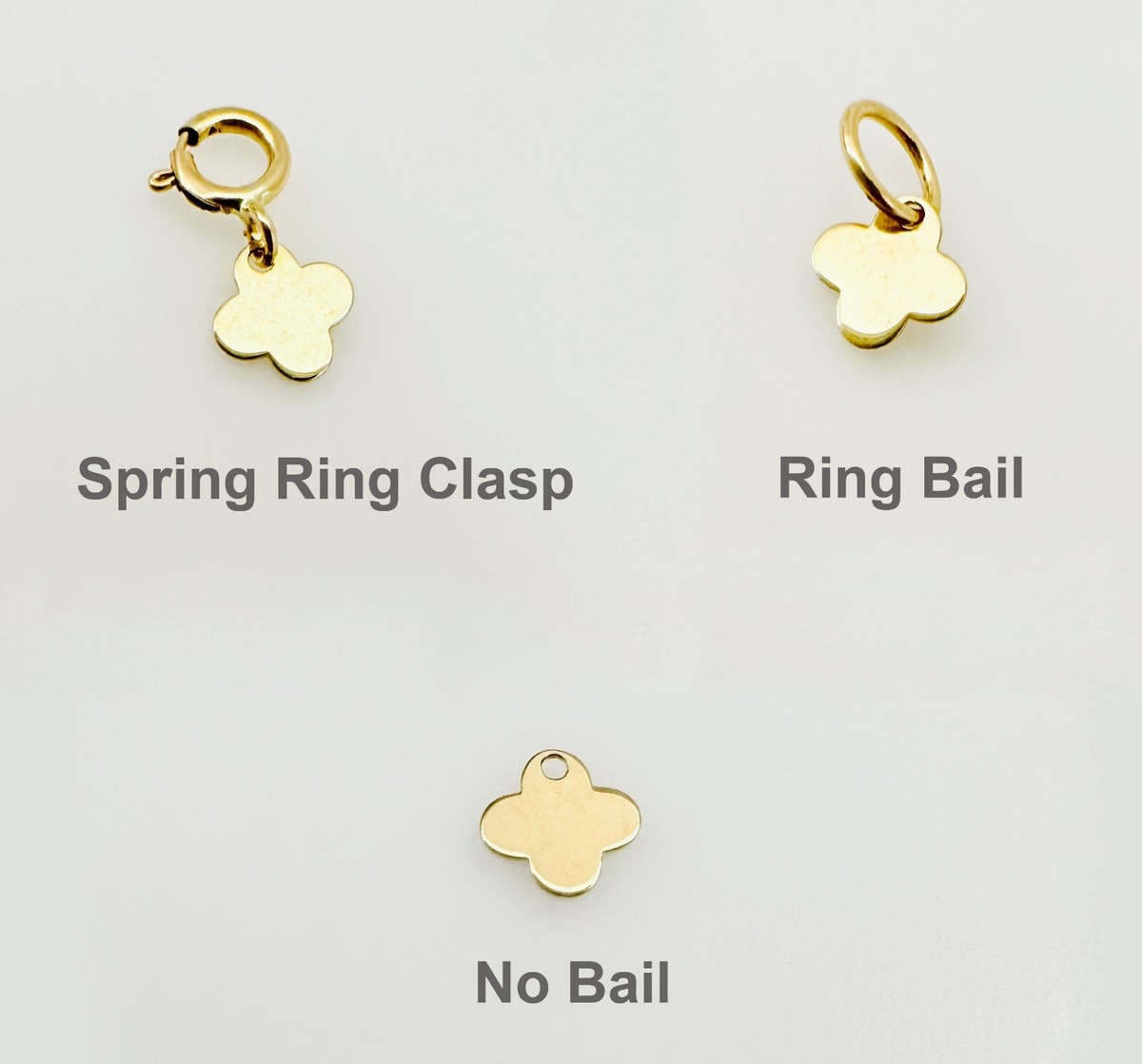 14K Solid Yellow Gold Tiny Clover Charm Pendant: No Bail, w/Bail 