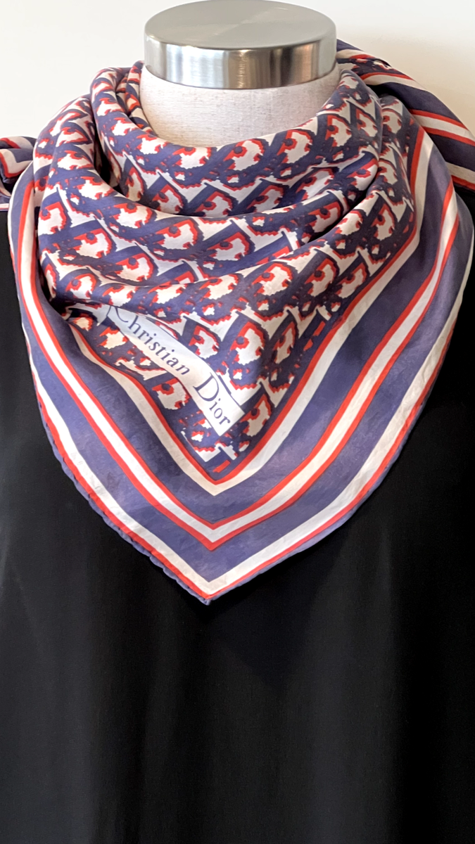 Christian Dior ストール ワインレッド ネイビー DIOR Paris Vintage Red/Navy Silk Twill 