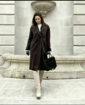 ZARA Women's Dark Brown Double Breasted Faux Fur Coat UK