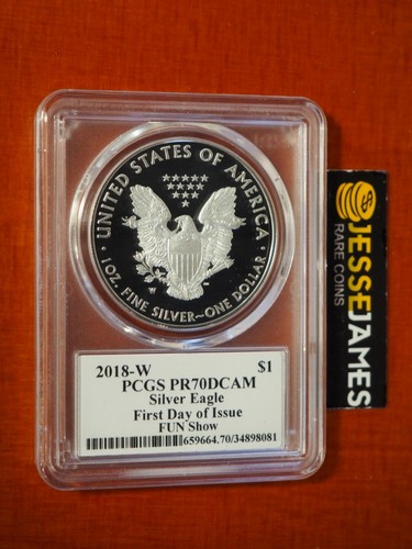 2018 W PROOF SILVER EAGLE PCGS PR70 DCAM JOHN MERCANTI FIRST DAY ISSUE FUN SHOW - Picture 2 of 2