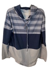 Grey Blue Striped Hoodie Pullover Drawstring Contrast Long Sleeve Large