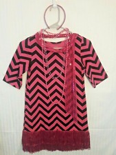GIRL'S 1920's Flapper COSTUME Black-Pink Chevron Fringe Dress- 6 Piece Outfit LG