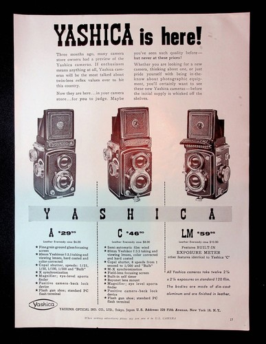 1956 Yashica A, C, LM Camera Models "Yashica Is Here!" Vintage Print Ad