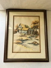 Old Mill watercolor painting by Caldoni framedsigned vintage Large