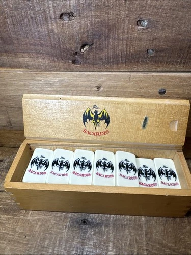 Vintage Bat Logo Bacardi Double Six Domino 27-Piece Set with Wooden Storage Box