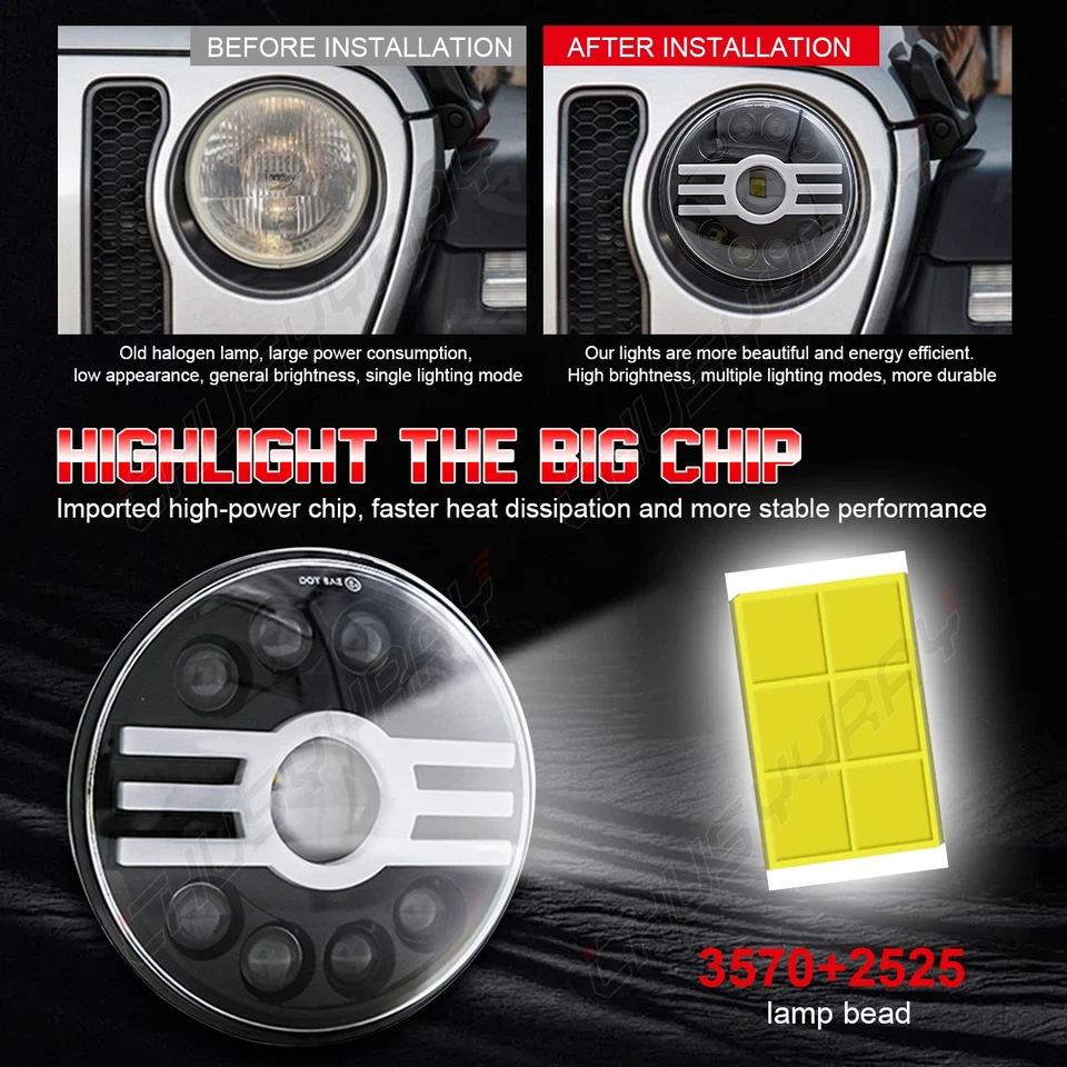 Par de faros LED redondos de 7" de haz alto bajo para Ford Bronco 1966 1967 1968-1978 Foto 4 de 4