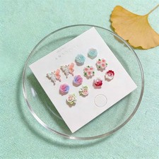 6Pair  Women's Colorful Resin Flower Butterfly Ear Studs Set Sweet Earrings 