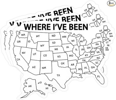 3PCS ''Where I've Been'' USA Map Vinyl Sticker, 4'' Waterproof Trav Color: 4 Inch