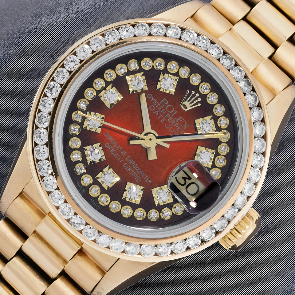 RELOJ ROLEX PRESIDENT DAMAS VIÑETA ROJA ESFERA DIAMANTE ORO AMARILLO 18K ajuste rápido