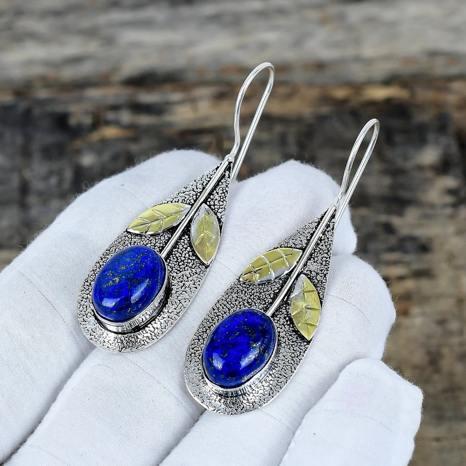 Naturale Lapislazzuli Gemma Fatto a Mano 925 Argento Sterling Gioielli Orecchini - Immagine 2 di 4