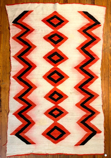 19TH C NAVAJO LIGHTNING DESIGN TRANSITIONAL BLANKET FIERY ORANGE RED HANDSPUN NR