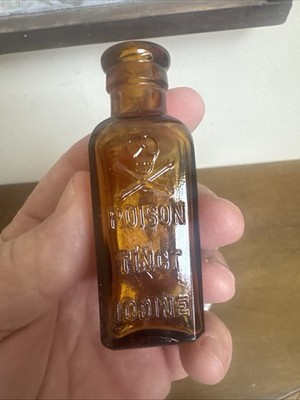 Antique Amber Glass Skull & Crossbones Tincture Iodine Dropper Bottle