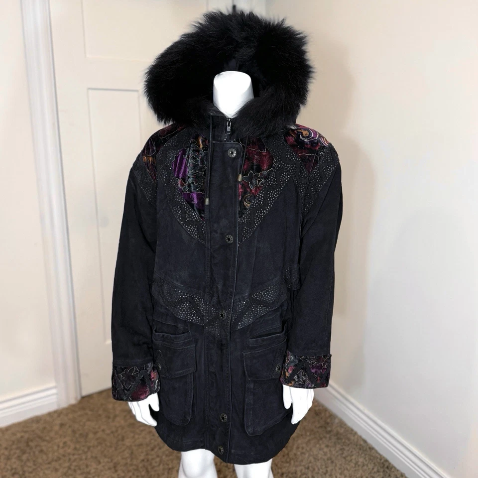 PARKA DE GAMUZA VINTAGE AÑOS 80 con CAPUCHA RIBETE DE PIEL DE ZORRO M Terciopelo Boho Abrigo Chaqueta Retazos Foto 2 de 4