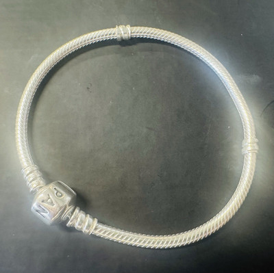 PANDORA Snake Chain Charm Bracelet Silver Tone Barrel Clasp 7.5'' Signed