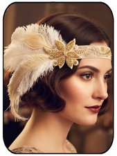 Flapper Headband White Feather 1920s Headpiece Beaded Gatsby Hair Accessory