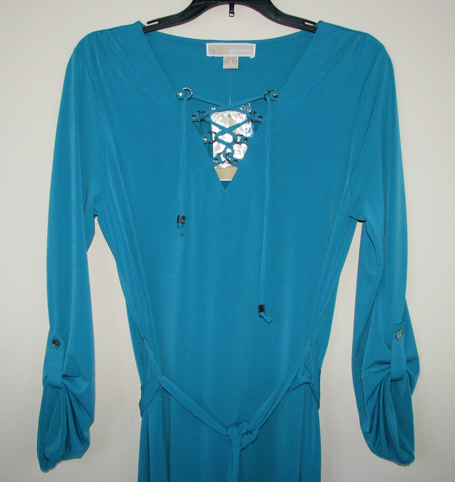 ABITO MICHAEL KORS PIASTRELLE BLU TURCHESE MANICA A LINGUETTA INCROCIATO CRAVATTA COLLO NUOVO + ETICHETTA