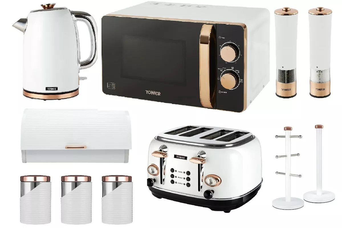 Tower Rose Gold Set Microwave Kettle Toaster Bread Bin Storage
