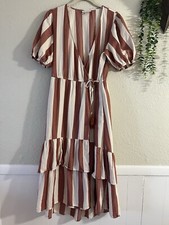 Knox Rose Dress Womens Small Red Ivory Stripe Puff Sleeve Wrap Tiered Boho Midi