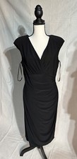 Lauren Ralph Lauren Faux Wrap Midi Dress Women's 10 Black Cocktail Plunge neck